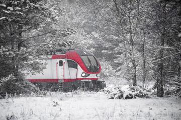 Red train in the snowy winter forest. Black and white image. © Marcin