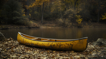 
A yellow canoe is parked on the shore of an autumn lake surrounded by dense forest