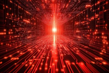 dynamic digital matrix pattern with flowing red data streams and glowing circuit elements