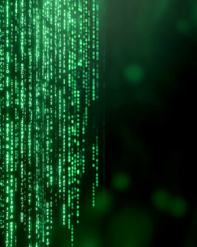 Digital rain of green binary code on black.