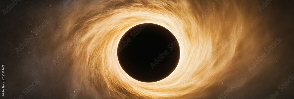 Wall mural elegant distant black hole absorbing surrounding light and stars with swirling gravitational waves c