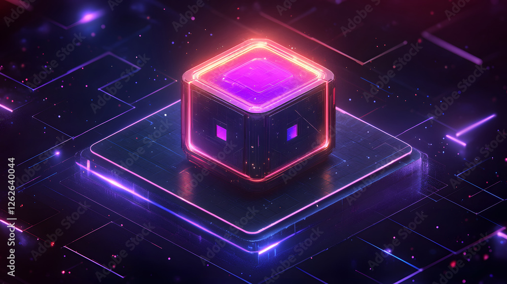 Poster futuristic glowing cube on a digital background