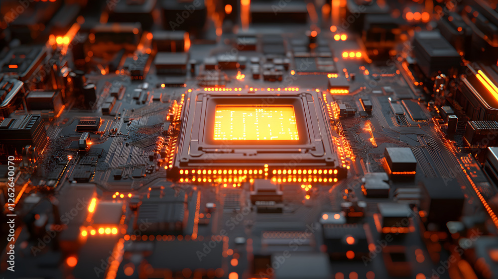 Poster Illuminated circuit board with glowing components and intricate details