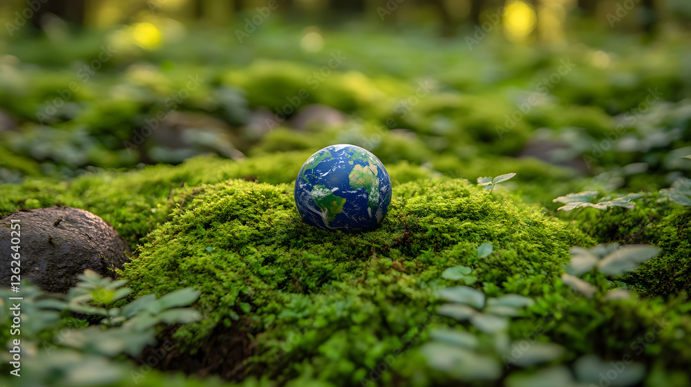 Poster A globe resting on lush green moss in a serene forest setting