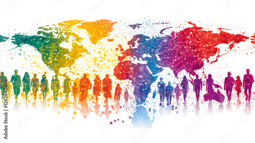 Poster colorful world map silhouette with diverse figures representing unity and diversity