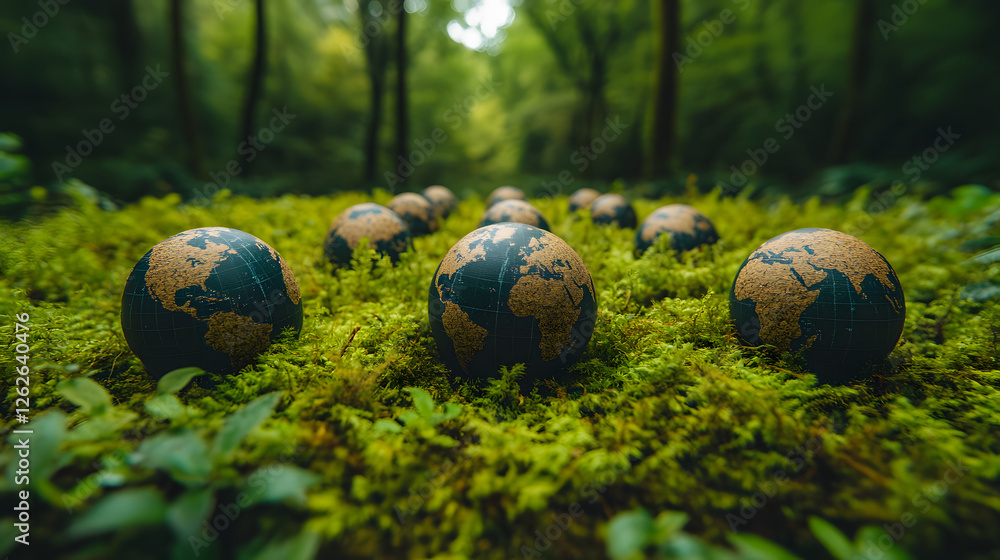Poster small globe balls scattered in a lush green forest setting