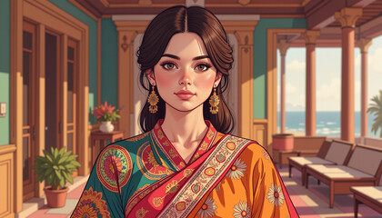 Fototapeta premium Elegant woman in traditional clothing standing indoors, cultural beauty