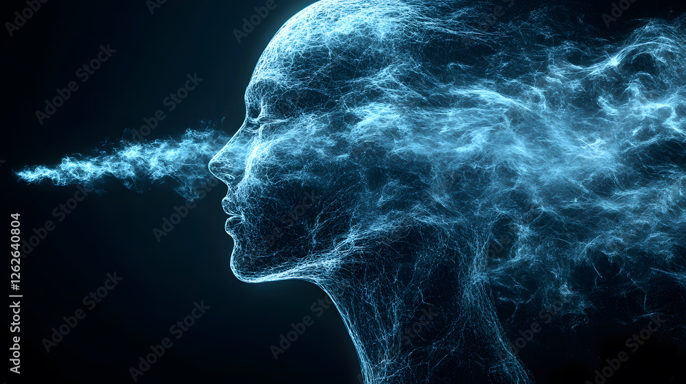 Poster digital representation of a human head made from swirling particles