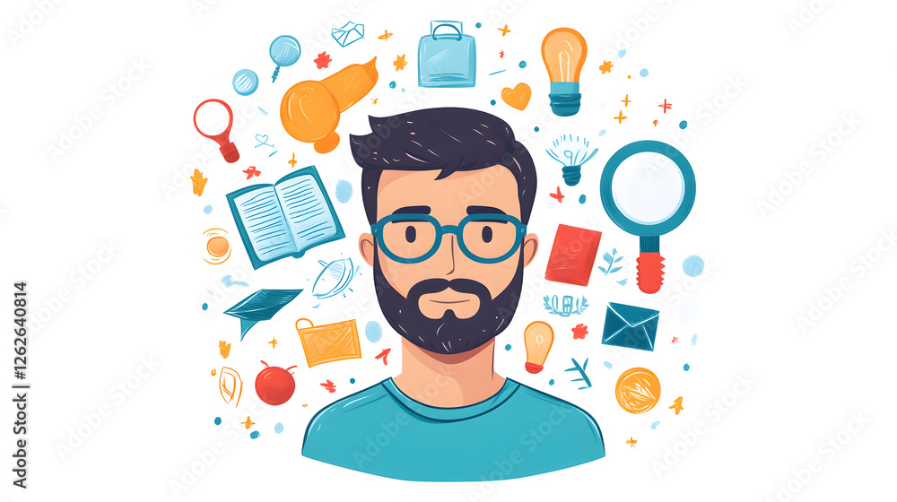 Poster man with glasses surrounded by creative icons and symbols