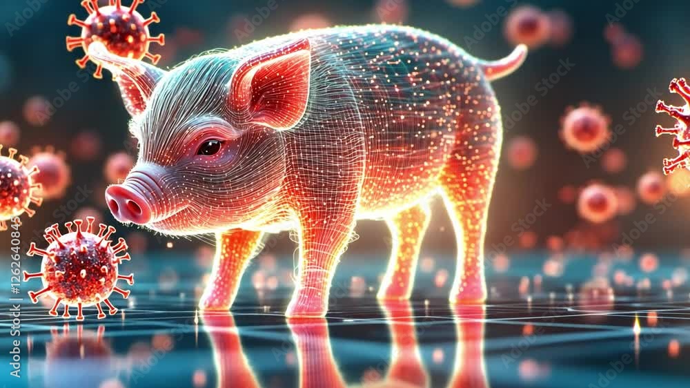 Poster digital representation of a pig surrounded by viruses in a futuristic environment