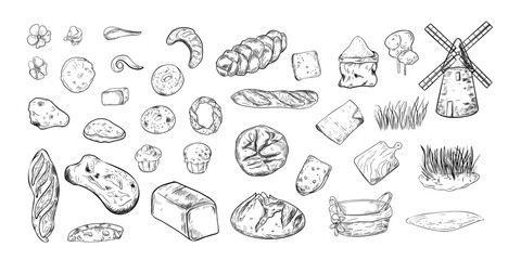 Assorted bread and baked goods hand drawn black white vector illustrations. Set of windmill, basket, cutting board, flour and landscape parts. Baguette, rye loaf, wheat ear and flax monochrome drawing