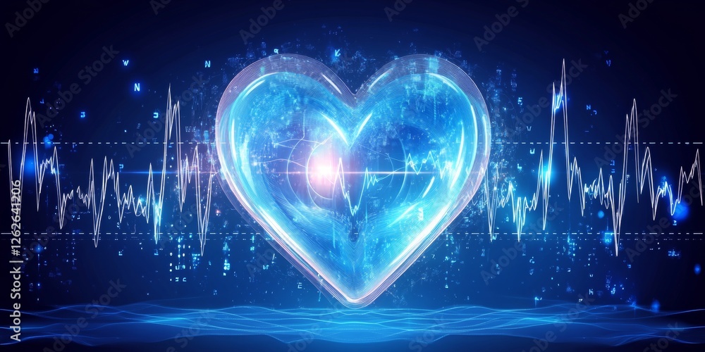 Poster glowing blue technology styled heart and dynamic heartbeat line on futuristic waveforms background