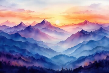 serene mountain landscape in loose watercolor technique misty peaks in purple and blue hues atmospheric perspective soft golden sunlight