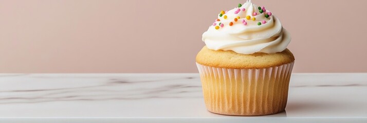 Elegant Minimalist birthday background with clean white space featuring a single cupcake topped with colorful sprinkles 
