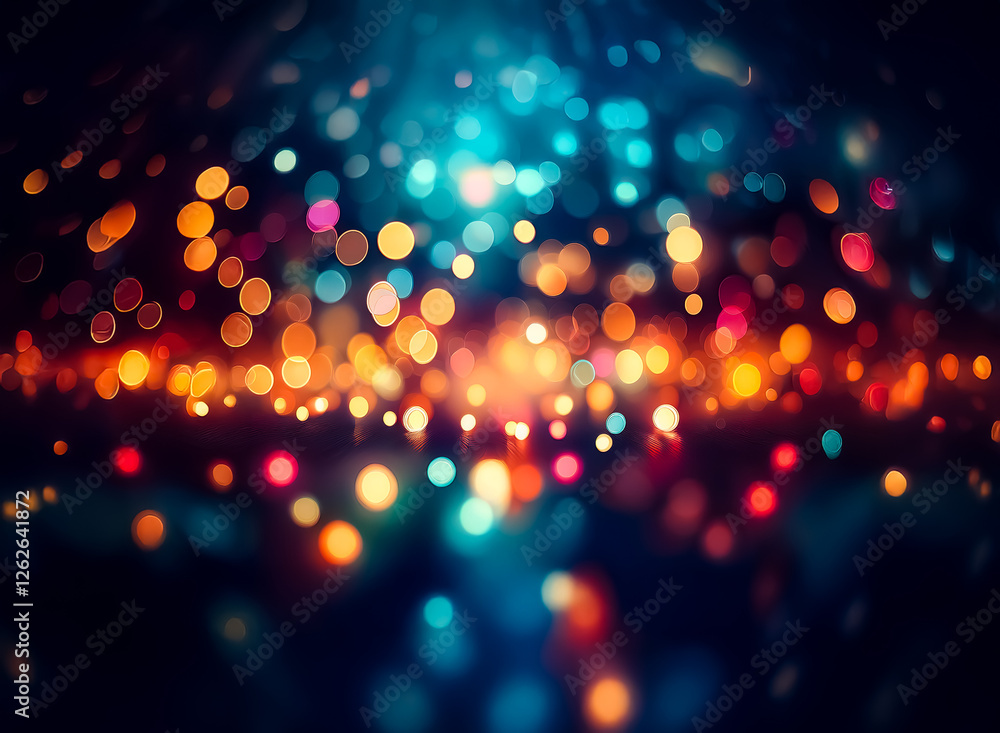 Poster abstract image of vibrant colorful bokeh lights on a dark backdrop, creating a festive and dreamy at