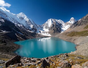 a high altitude lake surrounded by jagged snow capped peaks