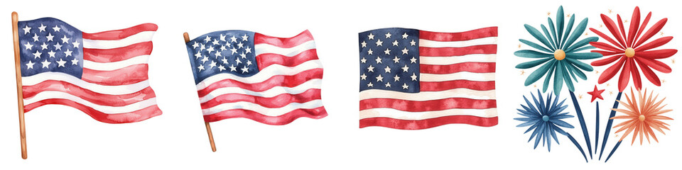 Fototapeta premium Vintage watercolor American flags and colorful fireworks for celebration, isolated on transparent background.