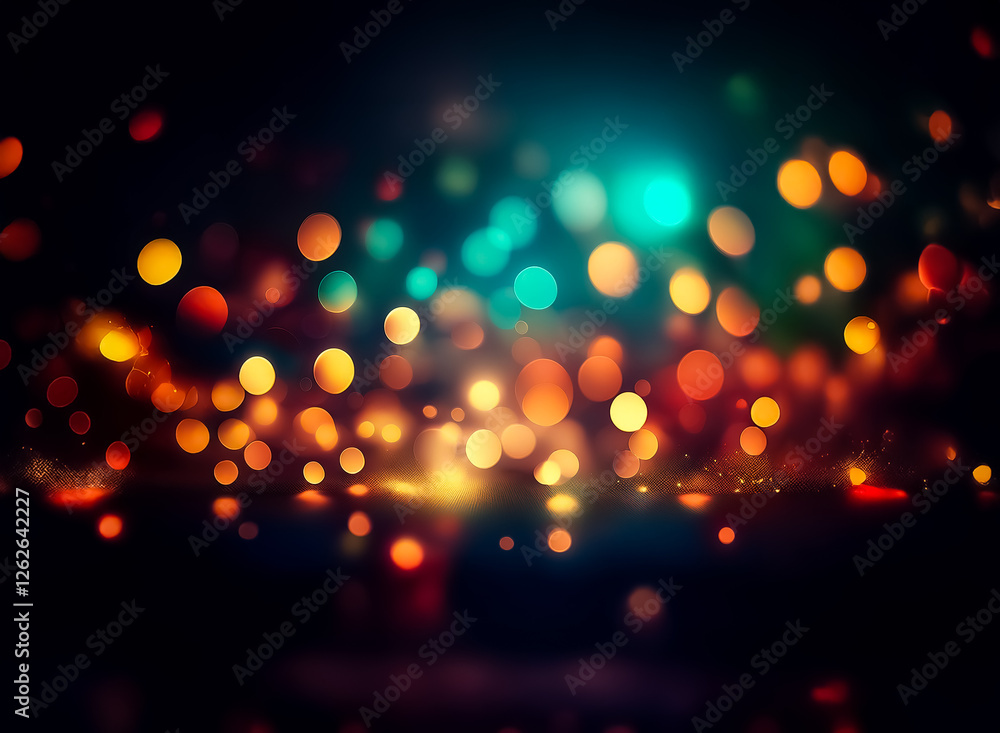 Poster abstract image of vibrant bokeh lights scattered against a dark backdrop. the blurry lights create a