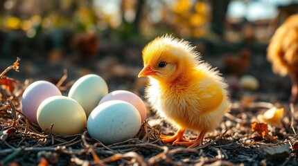 Fluffy yellow chick with pastel Easter eggs in a nest.
