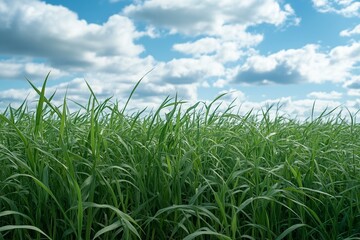 Obraz premium Beautiful green grass meadow and blue sky with clouds. Spring landscape background. Panoramic view of the field
