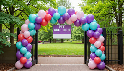 Colorful balloon arch with pet adoption sign, welcoming community to outdoor event