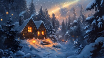 A cozy wooden cabin nestled in a snowy forest, illuminated by the soft glow of lanterns, while the aurora borealis swirls across the night sky, creating a magical winter atmosphere.