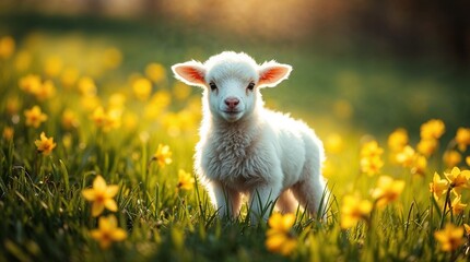 Fototapeta premium Adorable lamb standing in a field of yellow flowers.