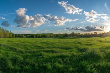 Fototapeta premium Beautiful green grass meadow and blue sky with clouds. Spring landscape background