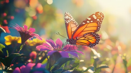 Vibrant butterfly dances among blooming flowers in a sunlit garden during early spring