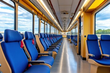 Fototapeta premium Modern train interior with blue seating, spacious layout, bright lighting, and scenic views, travel comfort concept