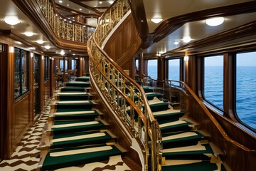 Obraz premium Elegant wooden staircase with green carpet, luxurious interior design, ocean view, opulent decor, maritime elegance, luxury travel concept