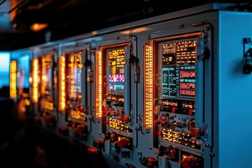 Control panel with illuminated buttons, digital displays, and intricate circuitry, showcasing advanced technology, innovation concept