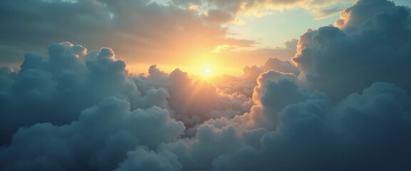 Fototapeta premium Sunrise above the clouds with rays of light in a serene sky landscape