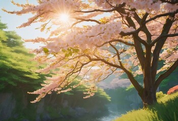 Fototapeta premium Blooming cherry blossom tree in a serene landscape with sunlight filtering through the petals
