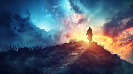 Fototapeta premium Subtle silhouette of jesus in a glowing landscape in a Christian PowerPoint Background of Church unity