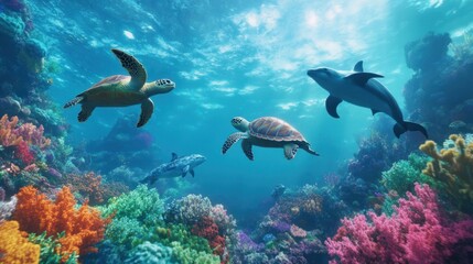 Obraz premium A dreamy aquatic landscape where three sea turtles glide effortlessly above a vibrant coral reef, while curious dolphins and reef sharks swim nearby.