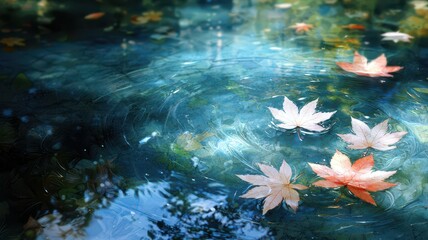 A scene of autumn leaves gently resting on a holographic lake, [surreal illustration], [soft reflections], [cool tones], [dreamlike].