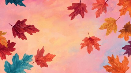Obraz premium Colorful autumn leaves floating gently in the air, set against a vibrant twilight sky, [illustration], [soft pastels], [dreamlike quality], [detailed textures]. , closes up