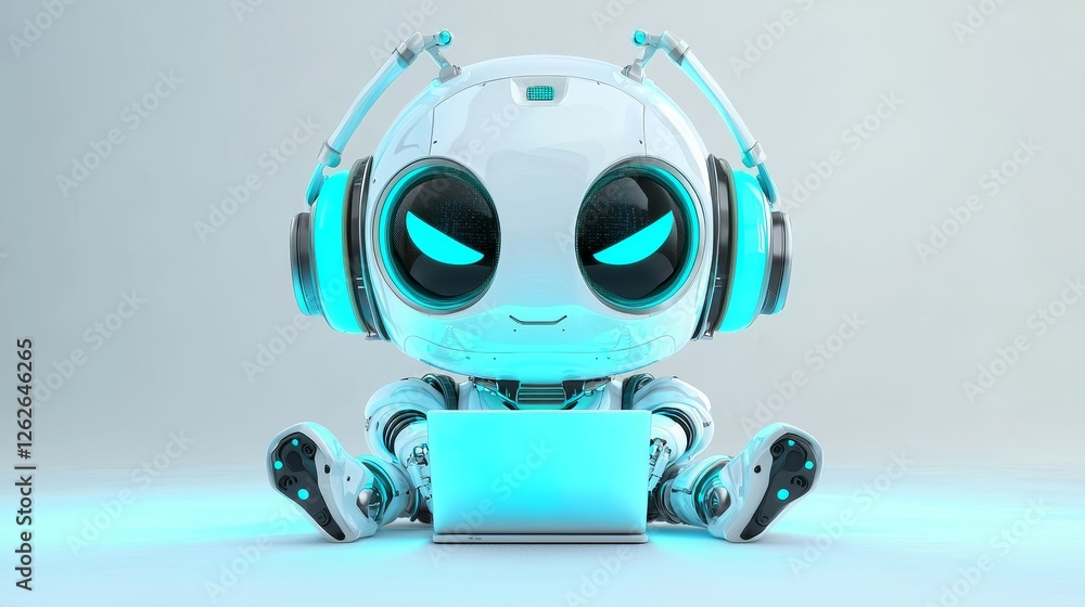 Poster a sweet friendly stock robot using a laptop computer with a white neon glow, positioned on a light g