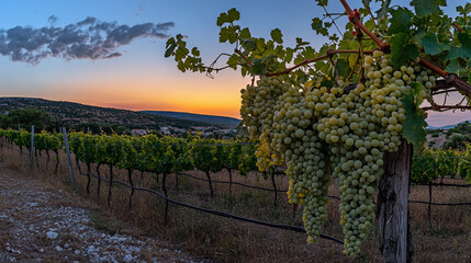 Ripe vineyard grapes ready for harvest as sun sets behind rolling hills