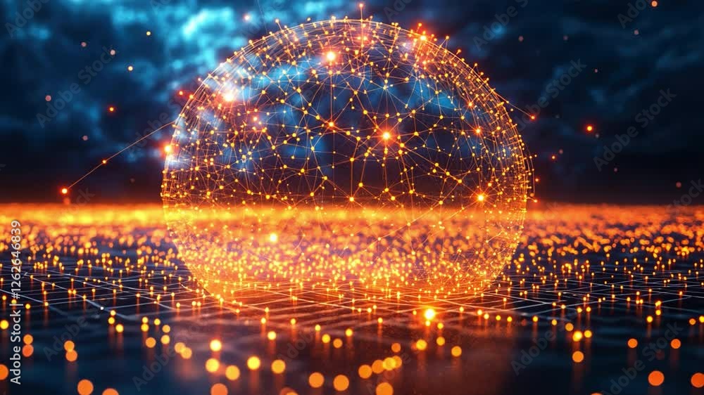 Aufkleber networked sphere: a mesmerizing abstract artwork showcasing a glowing sphere connected by shimmering