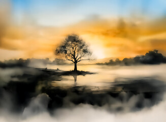 Obraz premium A solitary tree stands silhouetted in a misty landscape, illuminated by a vibrant orange and yellow sky, possibly at sunrise or sunset, reflecting in calm water.
