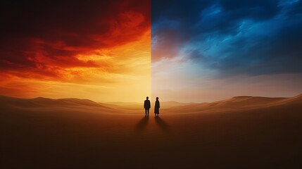 Two figures stand in a desert, divided by a fiery sunset and a cool twilight sky.  A journey of contrasts.