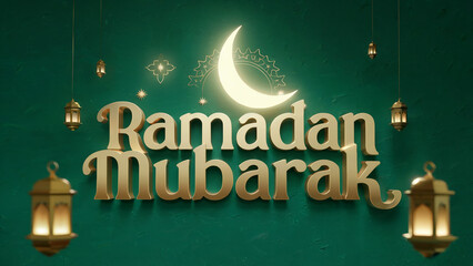 A stunning 3D-rendered Ramadan Mubarak calligraphy with a glossy golden finish, set against an emerald green textured background