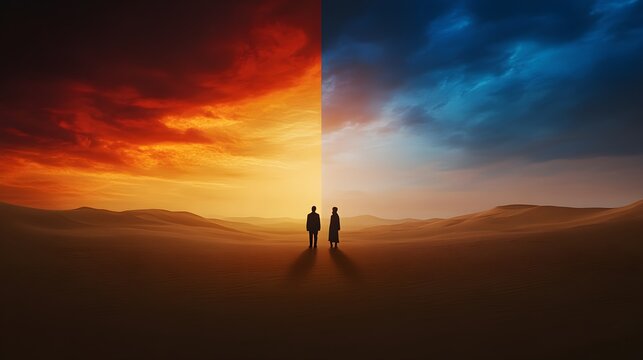 Two figures stand in a desert, divided by a fiery sunset and a cool twilight sky.  A journey of contrasts.