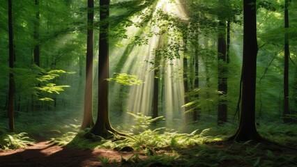 Sunlight beams gently penetrate the dense summer forest, illuminating lush green leaves and creating a magical, tranquil atmosphere. A peaceful nature scene full of warmth, serenity
