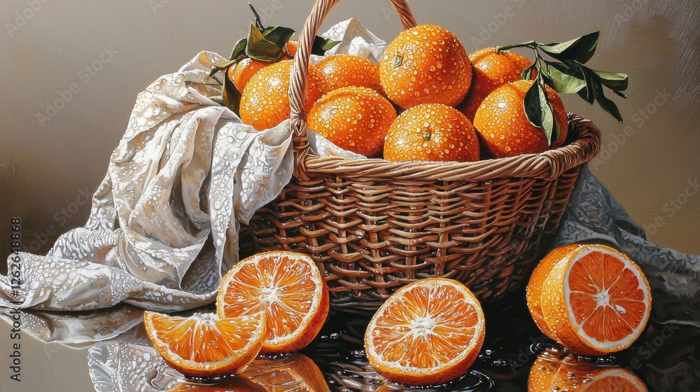 Aufkleber fresh oranges displayed in a woven basket with one half and a few slices arranged on a reflective su