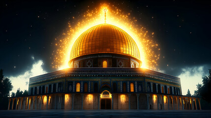 Obraz premium Golden Dome Jerusalem nighttime radiance, spiritual serenity, starlit sky, faith