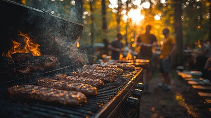 Outdoor barbecue, grilling meat, friends, sunlight, forest, social gathering