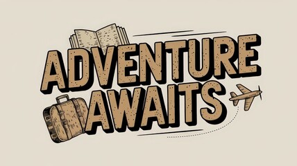 Adventure awaits with suitcase, airplane, and open book illustration